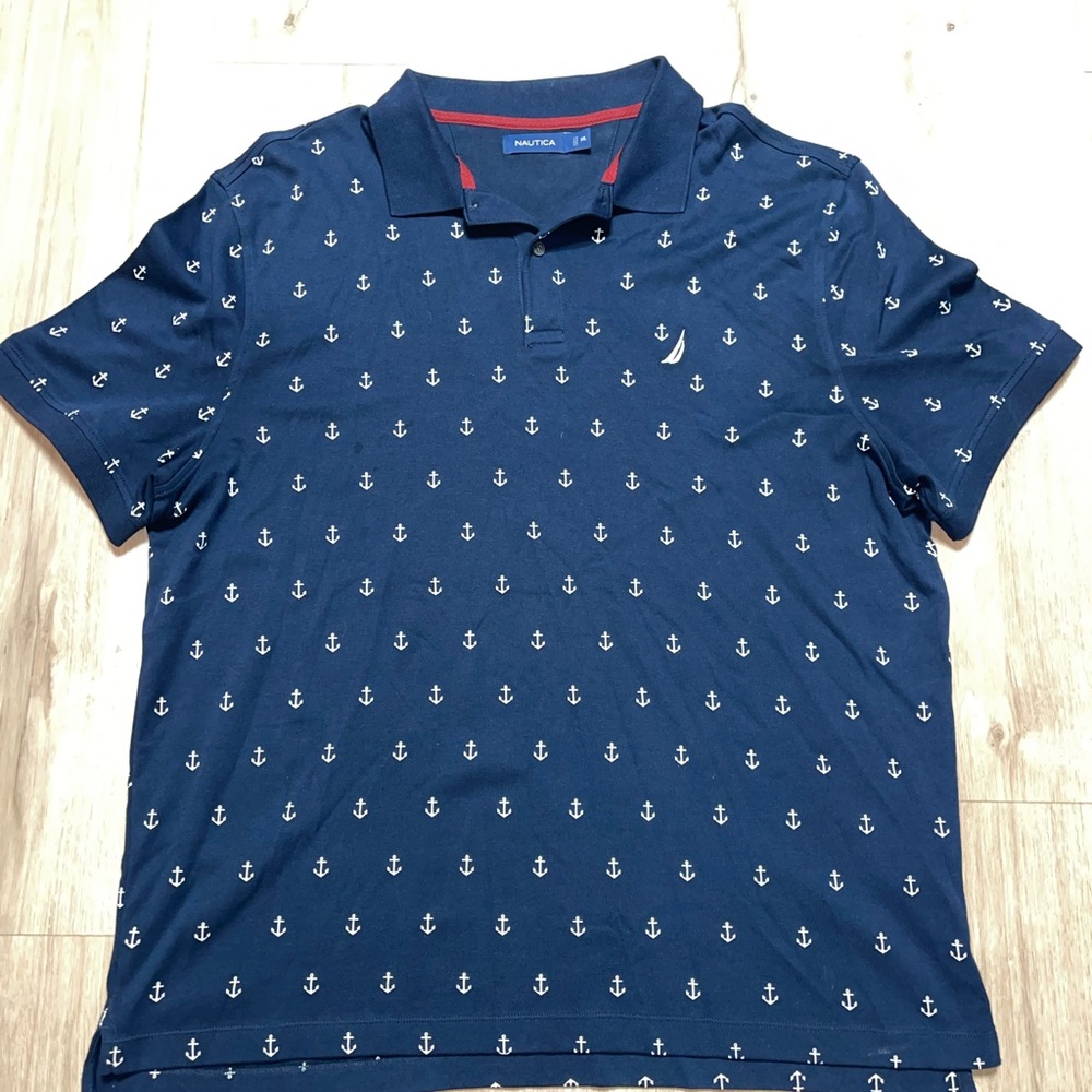 Nautica Men's Blue W/ White Anchor Pattern Polo Shirt Size XXL EUC 100% Cotton